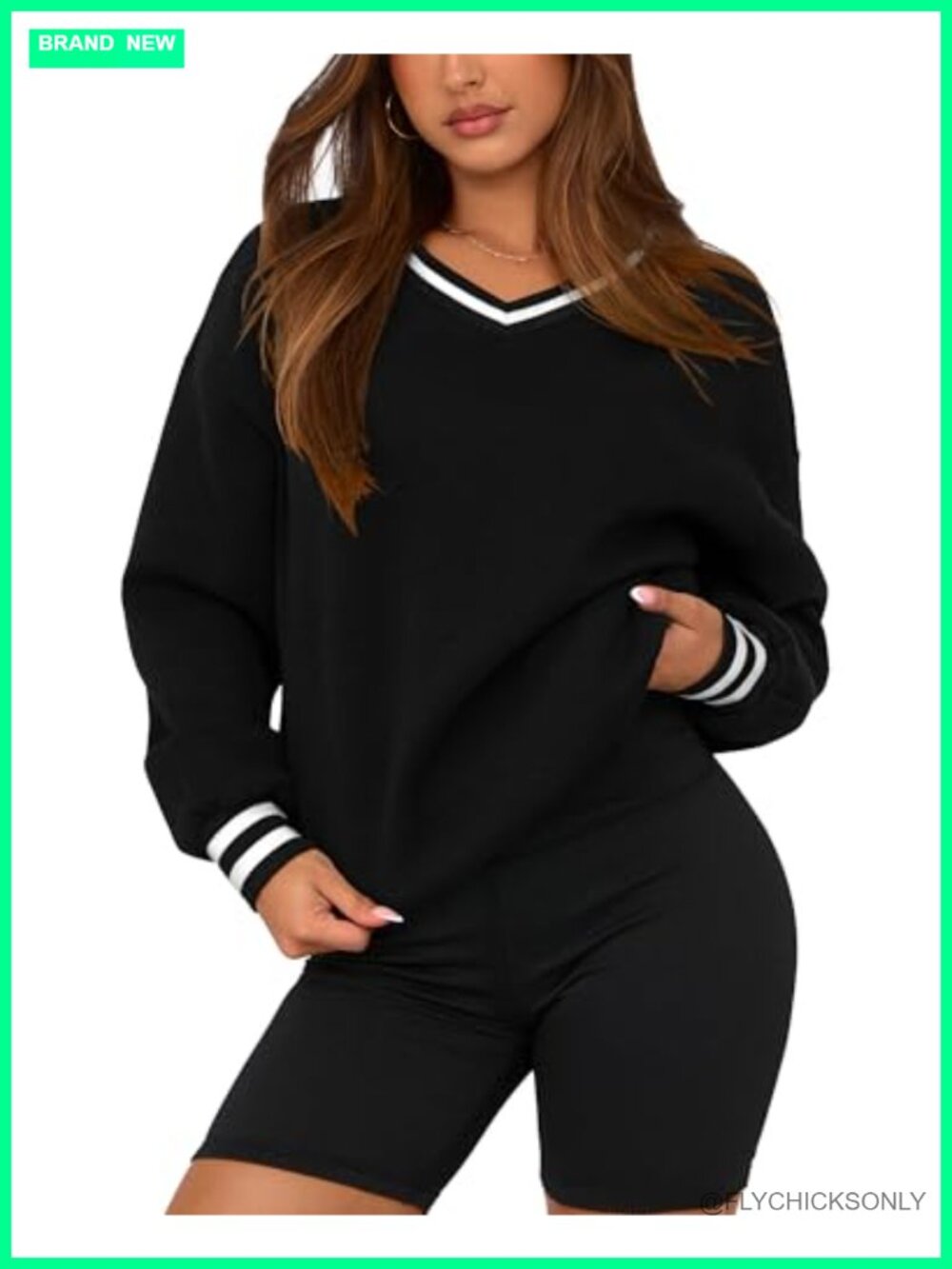 Oversized V Neck Color Block Sweatshirt Cotton Polyester Pullover